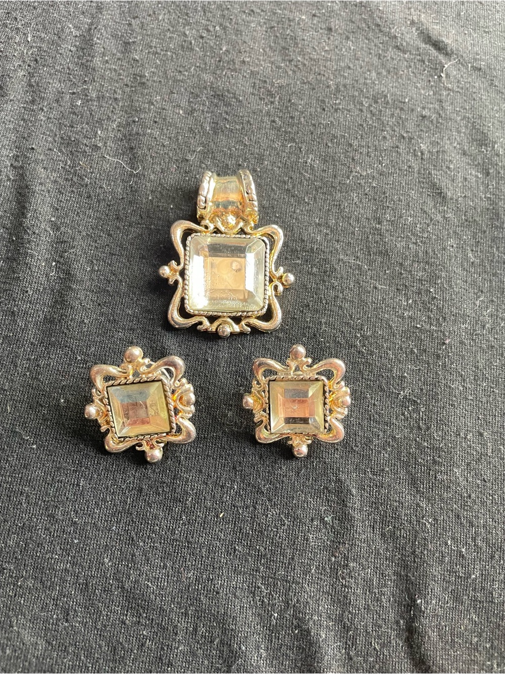 Gold-Tone Square Crystal Pendant and Earring Set